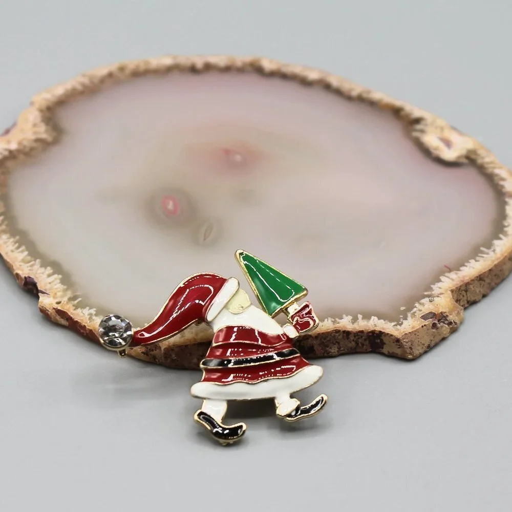 Santa Christmas Tree Holidays jewelry pin brooch fashion red green gold tone